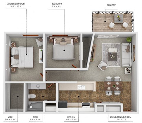 Floor plan for 2 beds, 1 bath, 786 sqft